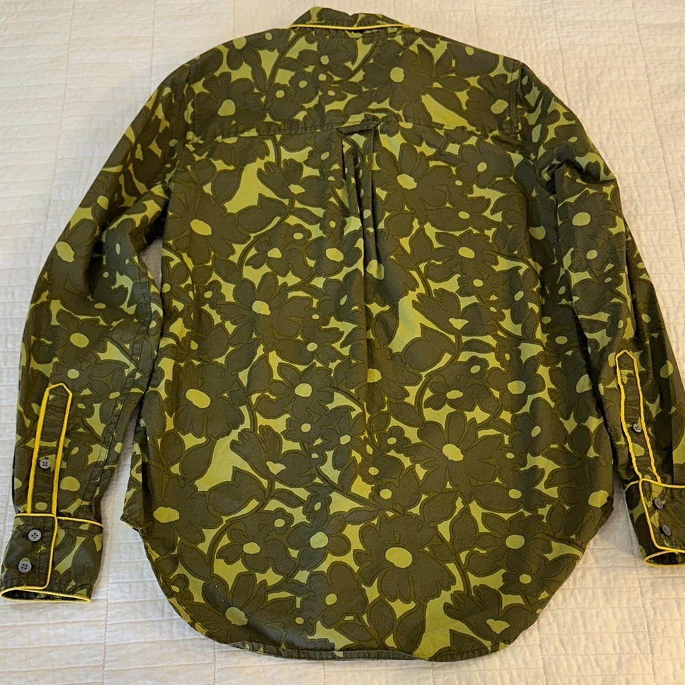 J. Crew XXS Button Down Collar Long Sleeve Shirt Green Floral Yellow Piping - Picture 8 of 9
